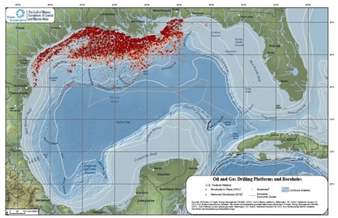 Fig. 1. Map of Gulf of America, US oil and gas drilling platforms and boreholes