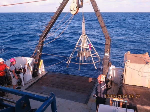 Multicore being deployed through ship’s A-frame. Image: Sandra Brooke, FSUCML
