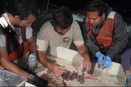 (l to r) Cheston, Dr. Grubbs, and Johanna onboard the R/V Weatherbird